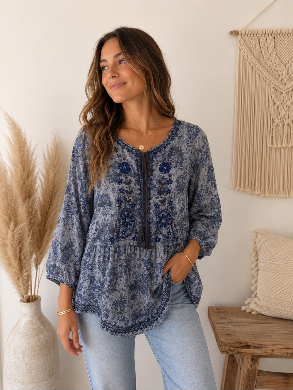 ivy jane Blue Floral Embroidered Peasant Blouse Boho Chic Aesthetic